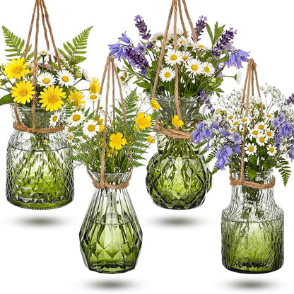 4 Pcs Stained Glass Hanging Vases Hanging Glass Planters Small Plant Terrarium Pot Containers with Rope for Garden Home Indoor Outdoor Decor, 4 Styles (Trendy)