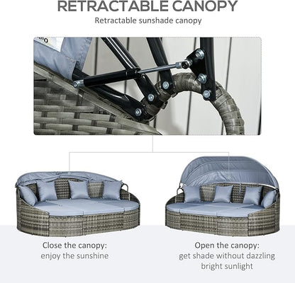 Outsunny 4-Piece Outdoor Rattan Furniture Set, Round Convertible Patio Daybed or Sunbed, Sectional Sofa with Canopy, Pillows, Cushions, Footrest, Table, PE Plastic Wicker, Light Gray