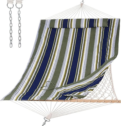 SUNCREAT Hammocks Outdoor Double Hammock with Hardwood Spreader Bar, Cotton Rope Hammock with Polyester Pad, Blue&Aqua