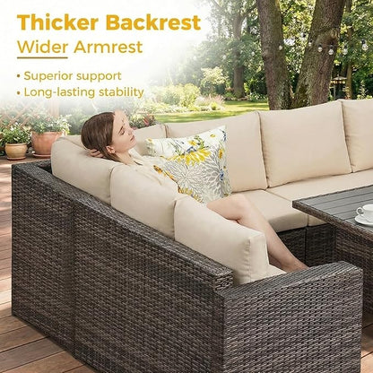 Wisteria Lane 7 Piece Patio Furniture Set, Wicker Patio Sectional with Wide Armrest, All Weather Outdoor Dining Set, Outdoor Furniture Patio Conversation Set with Ottoman, Brown