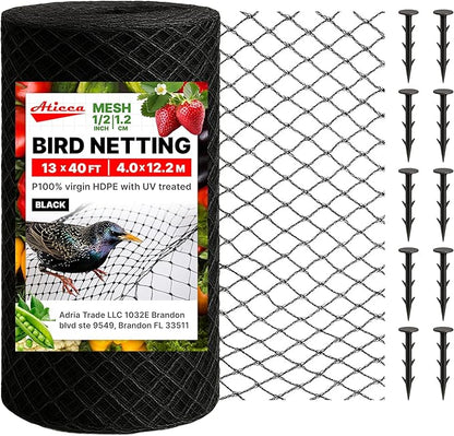 Heavy Duty Bird Netting for Garden Protection & Fruit Trees, 13x40 Ft with 10 Stakes – Black Anti-Bird Net for Poultry, Deer, & Squirrel Protection, Durable Nylon Mesh for Garden and Yard Use