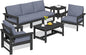 SERWALL HDPE Patio Furniture Set, 7-piece Outdoor Sectional Sofa Set, All Weather Outdoor Couch Set for Deck, Lawn, Black Frame with Grey Cushion