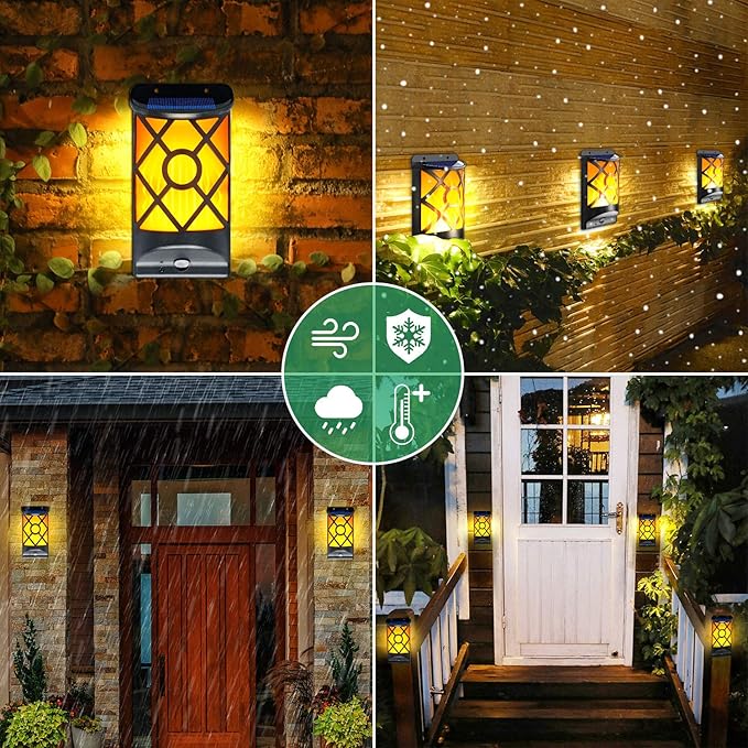 Wall Lights 6 Pack, Black Solar Flickering Flame, IP65 Waterproof