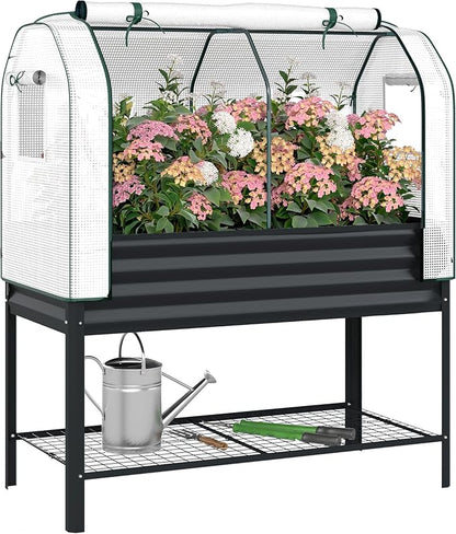 Outsunny Galvanised Raised Garden Bed with Greenhouse Cover, Metal Elevated Garden Bed with Legs, Bed Liner and Bottom Shelf, Outdoor Raised Planter Box for Vegetables, Herbs, Flowers, Black