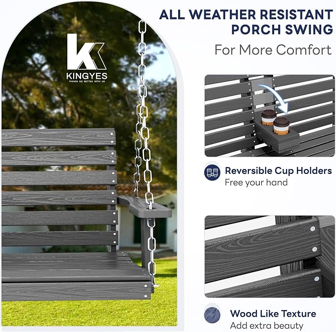 Porch Swing, 2-Seat HDPE Patio Swing with Flip-Down Cup Holder, Gray
