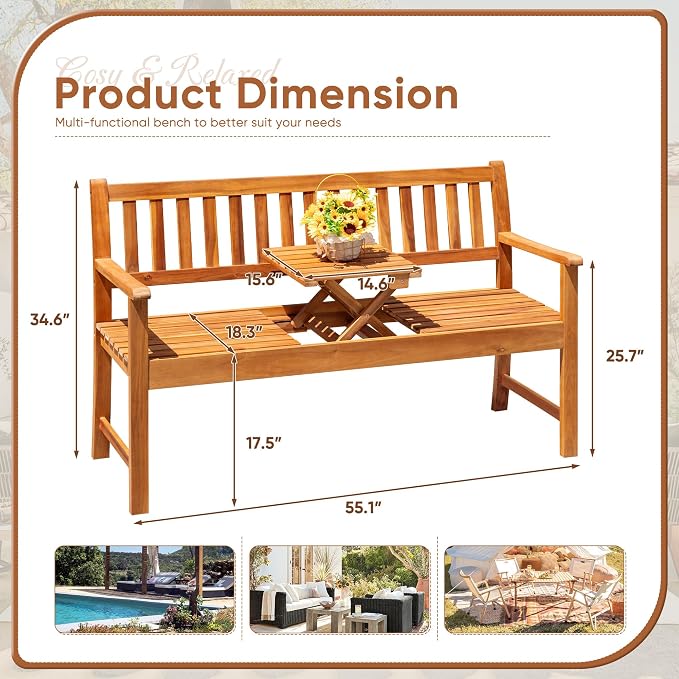 Bench, 2-Person Acacia Wood Outdoor Loveseat with Pull-Out Center Table