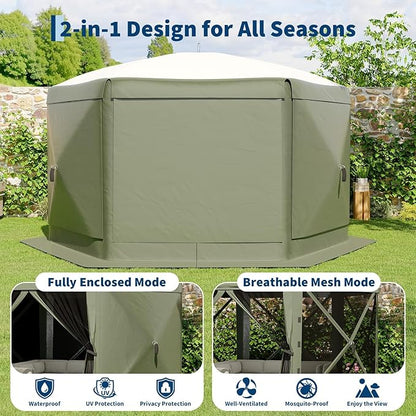 11.5x11.5FT 6-Sided Pop Up Gazebo Tent，One-Push Setup Canopy Tent with Mesh Panels & Removable Wind Cloths, Outdoor shelter for Camping, Backyard Parties, Outdoor Events - Army Green