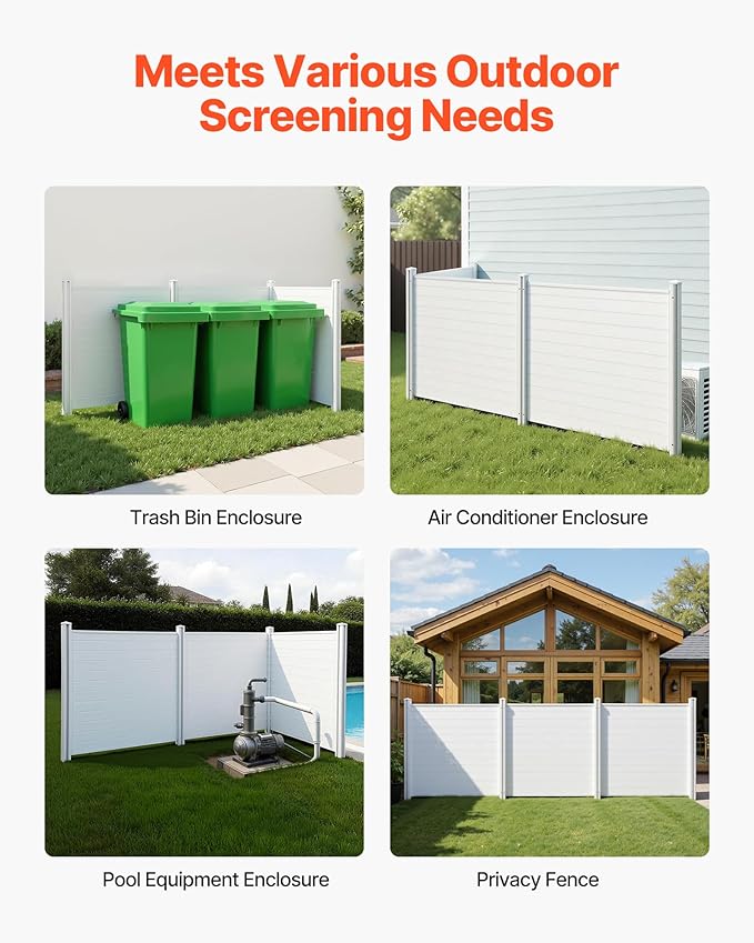 VEVOR Outdoor Privacy Screen, 50in H x 50in W Air Conditioner Fence, 3-Panel Pool Equipment Enclosure, Horizontal PVC Privacy Fence with 27.5 in Ground Stakes, No Dig Trash Can Fence for A/C Units
