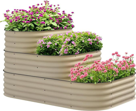 Outsunny 3-Tier Galvanized Steel Raised Garden Bed Kit, 62.25" x 43" x 32.25", 3 Combining Planter Boxes with Rubber Strip Edging, Open Bottom for Backyard, Garden, Patio, Cream White