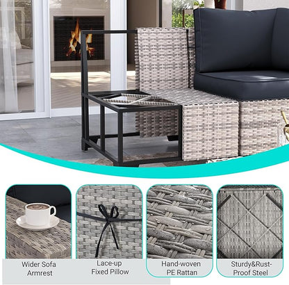 6-Piece Outdoor Patio Furniture Set Wicker Sectional Sofa Set, Patio Conversation Set with Thickened Cushions & Coffee Table for Garden, Backyard, Poolside, Dark Grey