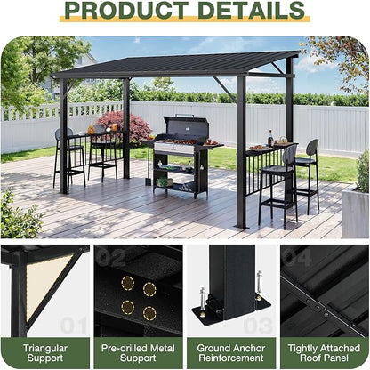 Aoxun 12x6 FT Hardtop Grill Gazebo with 2 Side Shelves & Hooks for Outdoor Grill, Outdoor BBQ Gazebo Canopy with Sloping Steel Roof, Permanent Metal Gazebo for Patio, Backyard, Lawn, Deck