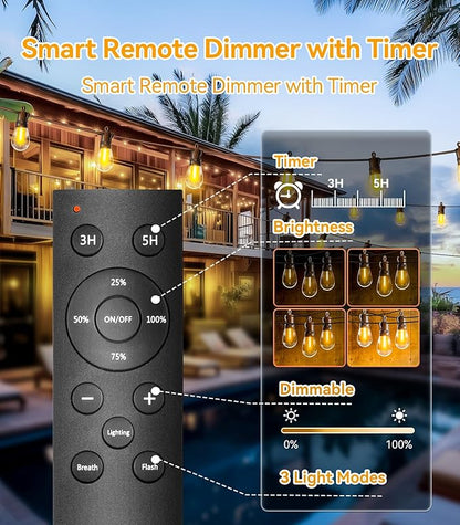 Outdoor String Lights Patio LED - Light Outside 50Ft 15M Waterproof Remote Dimmable S14 Porch Lighting Edison Plastic Bulb Pergola Hanging Balcony Connectable Backyard Yard Gazebo Party Garden Bistro