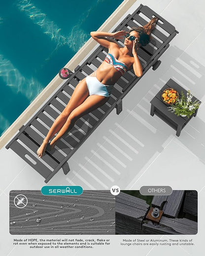 SERWALL Outdoor Chaise Lounge Set of 8, HDPE Pool Lounge Chairs with 5-Position Adjustable Backrest, Patio Loungers with Rolling Wheels & Cup Holder for Pool Sunbathing, Grey
