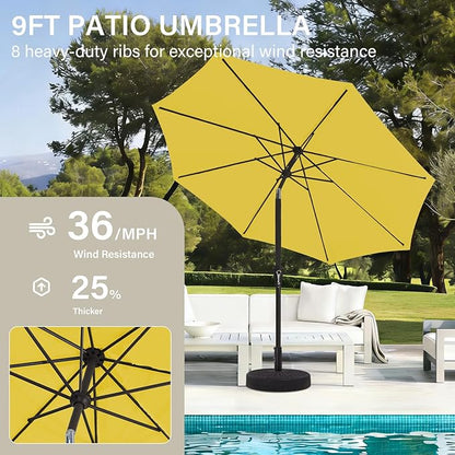 MEWAY 9ft Patio Umbrella Outdoor Table Umbrellas with Push Button Tilt and Crank, Market Umbrella 8 Sturdy Ribs for Deck, Garden, Pool and Backyard, Yellow