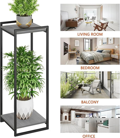 2-Tier Plant Stand Indoor, 34" Tall Modern Plant Shelf Corner Flower Pot Holder Organizer for Living Room Balcony Garden, Oak Grey