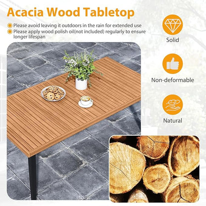 Tangkula 63" Acacia Wood Patio Dining Table for 6, Outdoor Dining Table with 1.97" Umbrella Hole & Metal Legs & Adjustable Foot Pads, Rectangular 6-Person Outside Table for Garden, Poolside & Backyard