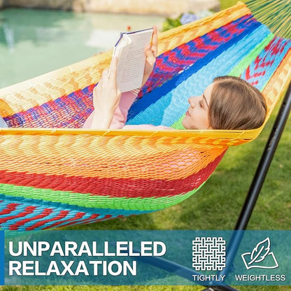 PNAEUT Double Hammocks with Stand for Outside, Portable Space Saving Heavy-Duty Steel Stand for Indoor Outdoor Patio (Mayan Rainbow)