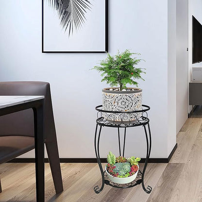 2 Pack 19.2 inch Metal Plant Stand Rack for Round Flower Pot, 2 Tier Potted Holder Indoor Outdoor Rustproof Wrought Iron Heavy Duty Planter Shelf for Corner Living Room Balcony Garden Patio, Black