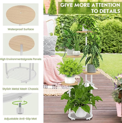 TOSKING 5 Tier Metal Plant Stand Indoor， Plant Shelf, Corner Shelf Flower Pot Stand for Outdoor Plant Stand for Living Room Balcony Garden Patio Bedroom (White and Wood, 42in)