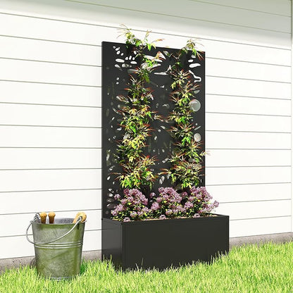 Outsunny Metal Raised Garden Bed with Trellis for Climbing Plants, Freestanding or Wall Mounted Flower Bed with Privacy Panel, Butterfly Cut-Out Outdoor Planter Box for Garden, Patio, Balcony