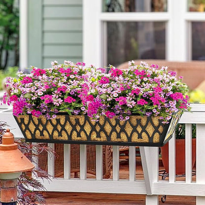4 Pack 16 Inch Window Boxes Planters Railing Planter Box with Adjustable Brackets for Porch Fence Patio Balcony Hanging Flower Baskets with Coco Liners for Outdoor Garden Decor - Black
