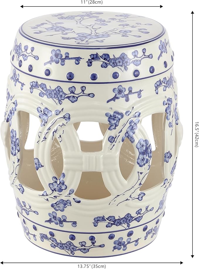 Decorative Garden Stool, Blue and White Ceramic, 16.5-Inch Tall