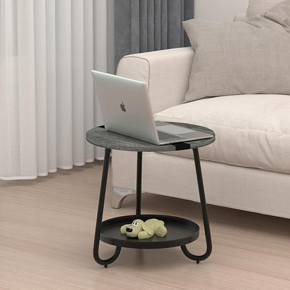 2 Tier Coffee Table in Living Room, Industrial Style Round Coffee Table with Metal Tray, Wood Small Outdoor Coffee Table for Bedroom Balcony Patio, Gray