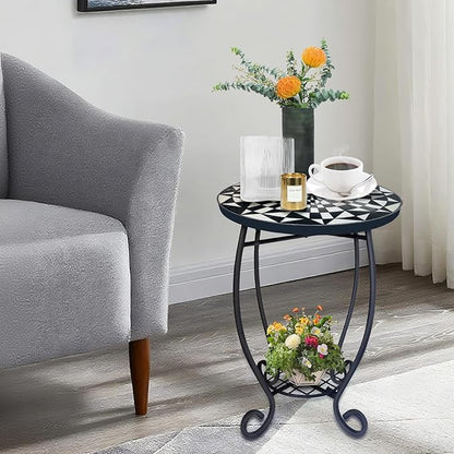 LIFFY Outdoor Side Table,12" Round Ceramic Tabletop Accent Table with Metal Frame, Indoor Small Decorative Plant Stand & End Table for Home, Patio, Garden