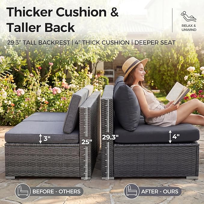 NICESOUL 8 Seater Outdoor Patio Furniture Sectional Sets with Firepits Table Natural Gas Propane, 29.3'' High Back Comfy Wicker Conversation, 9 Piece Deep Wide Modern Modular Sofa for Backyard, Grey