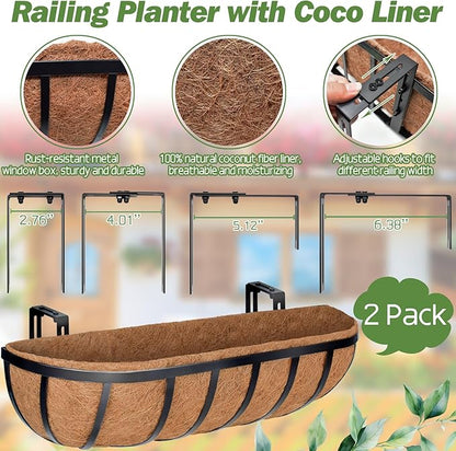 ZeeDix 24 Inch Railing Planter Box, 2 Pack Metal Window Boxes with Coco Liners for Railing, Hanging Flower Boxes for Deck Porch Balcony & Fence Outdoor Indoor Lawn
