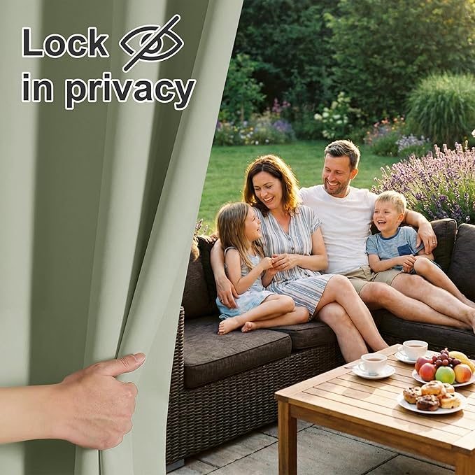 RYB HOME Outdoor Curtains for Patio Waterproof Block Sunlight Thermal Insulated Privacy Assured Thick Outside Curtains for Pergola, Deck, Gazebo, W52 x L90, Sage Green, 1 Panel