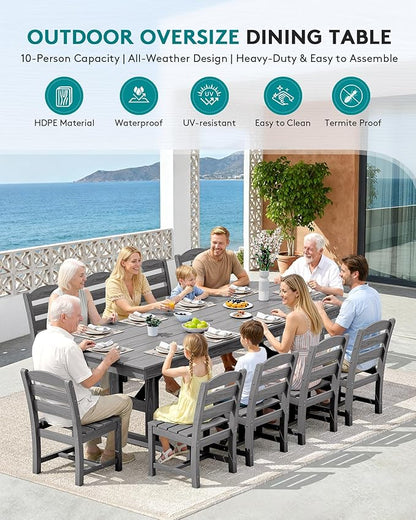 SERWALL 11 Piece Outdoor Dining Set, 84" HDPE Outdoor Table and Chairs for 10，All Weather Patio Furniture Set with Umbrella Hole for Backyard, Garden, Gray