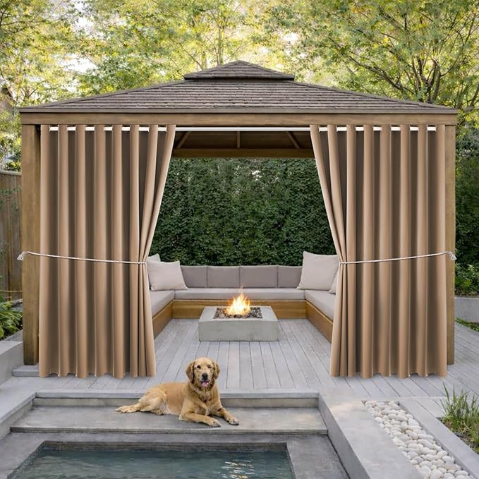 Outdoor Patio Curtain Waterproof Darkening Thermal Insulated Indoor Curtains for Bedroom, Porch, Living Room, Pergola, Cabana, W105 x L120 Extra Wide Room Divider, Camel Brown, 2 Panels