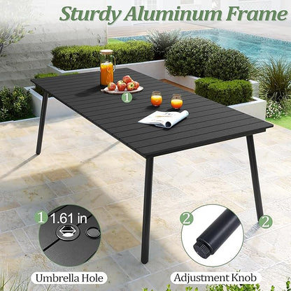 83" Patio Outdoor Dining Table for 6-8, Weather-Resistant Wood-Grain Top with Aluminum Frame & Umbrella Hole for Deck Gatherings, Black