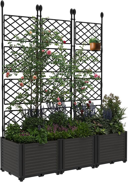 IDEALHOUSE 3 PCS Raised Garden Bed with Trellis, 50" W×63" T Plastic Planter Box with Privacy Screen, Sturdy Lightweight Vertical Garden for Climbing Plants Patio Balcony Backyard