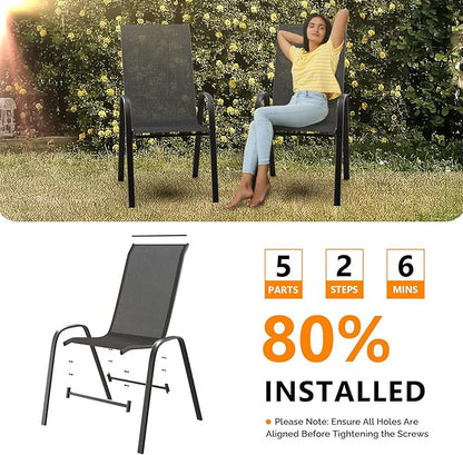 VINGLI 4 Pack Stackable Outdoor Bar Chairs – High Back Sling Chairs with Armrests, Ideal for Lawn, Courtyard, Bar, Black