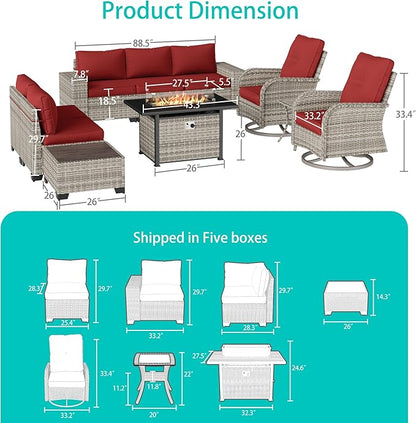 10-Piece Outdoor Patio Furniture Set with Rocking Swivel Chair, PE Wicker Rattan Sectional Sofa Patio Conversation Set with 55,000 BTU Fire Pit Table & Coffee Table, Red