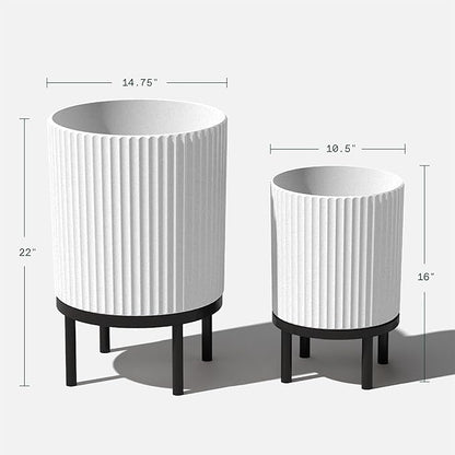 Veradek Demi Series Round Planter w/Stand for Porch/Patio | Durable Plastic-Stone Composite & Wooden Stand | Modern Décor for Tall Plants, Flowers