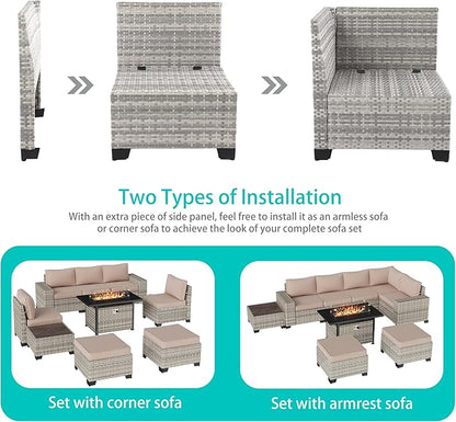 9-Piece Outdoor Patio Furniture Set with 55,000 BTU Fire Pit Table, PE Wicker Rattan Sectional Sofa Patio Conversation Set with Ottomans & Coffee Table, Sand