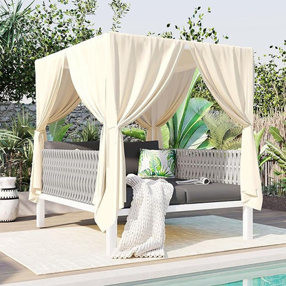 Merax Outdoor Patio Daybed with Soft Cushions and Curtains, Double Chaise Lounge Sunbed with Rubber Core Rope Backrest and Comfy Pillows for Outside Pool, Garden, Backyard, Lawn, Gray+Beige