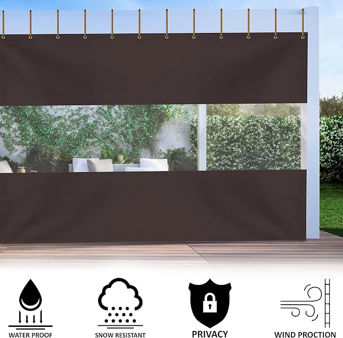 Outdoor Curtain with Clear Vinyl Panel, 8 x 15 ft, Coffee