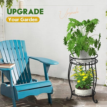 TOSKING 2 Tier Metal Plant Stand Indoor Outdoor , Rustproof Stable Plant Stands Multiple Plant Rack Holder Flower Pot Stand for Living Room Balcony Garden Patio Bedroom (Black, 19.5)