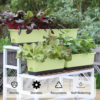 Window Box Planter 4 Packs, 17 Inches Rectangle Flower Pots with Drainage Holes & Trays, Pots for Vegetables, Herbs, Flowers, Garden Windowsill Balcony (Light Green, 17 * 5.1 * 6 inch)