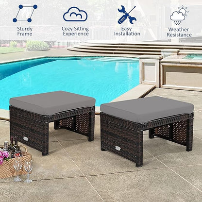 Tangkula 2 Pieces Patio Rattan Ottomans, All Weather Outdoor Footstool Footrest Seat with Soft Cushion, Hidden Zipper, High-Density Sponge, Wicker Ottoman Seat for Patio, Garden, Poolside