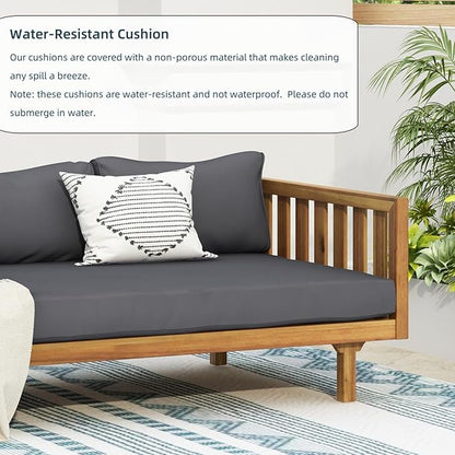 Merax Solid Acacia Wood Couch Chaise Lounge Chair Indoor, 3 Seater Daybed Sofa Couches with Cushions & Pillow, Heavy Frame Day Bed for Living Room, Office, Outdoor, Balcony, Patio, Water Resistant