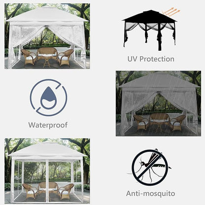 GDY 11x11 Pop Up Canopy Tent, Outdoor Canopy with Netting, Outdoor Gazebo for Backyard, Tent with Hand Bag, White.
