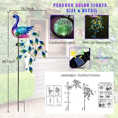 DREAMSOUL Peacock Solar Garden Lights Outdoor Decorative Stake, Waterproof Metal Peacock Garden Decor Solar Powered Landscape LED Path Lights Walkway Patio Decoration Lawn Ornament