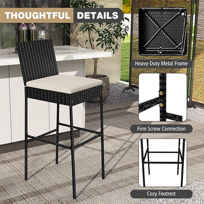 HAPPYGRILL Wicker Patio Barstools Set of 4, Outdoor Rattan Bar Chairs with Footrest & Backrest, Armless High Top Chairs with Seat Cushions for Backyard, Balcony