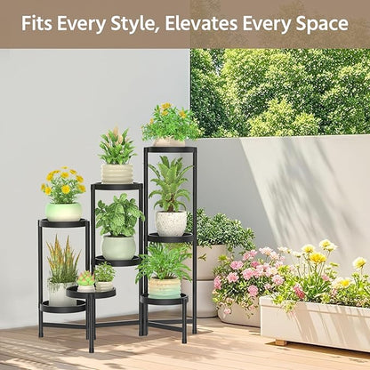 LASZOLA 8 Tiered Folding Plant Stand Indoor for Multiple Large Planter, Tall Heavy Duty Adjustable Rack with Rust Proof Plastic Shelving, Sturdy Vertical Tree Organizer for Narrow Inside Floor, Black
