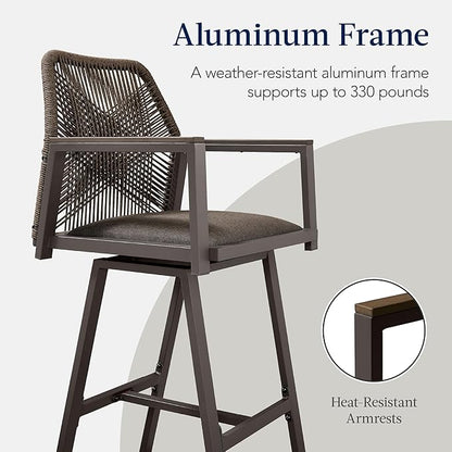 Best Choice Products Outdoor Bar Stools Set of 2, Bar Height, 360° Swivel Aluminum Frame, All-Weather Woven Rope Chair Design w/Armrests - Brown/Mocha